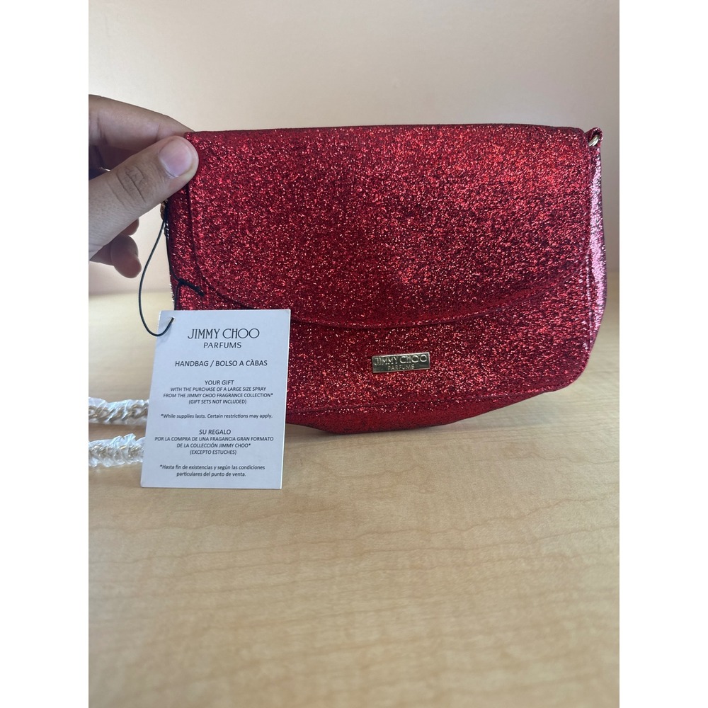 Jimmy Choo Parfums Red Glitter Crossbody Bag Gold Chain Strap GWP New